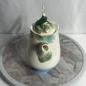 Franz Porcelain Frog Teapot With Lid & 4 Bowls Hand Painted Floral Set